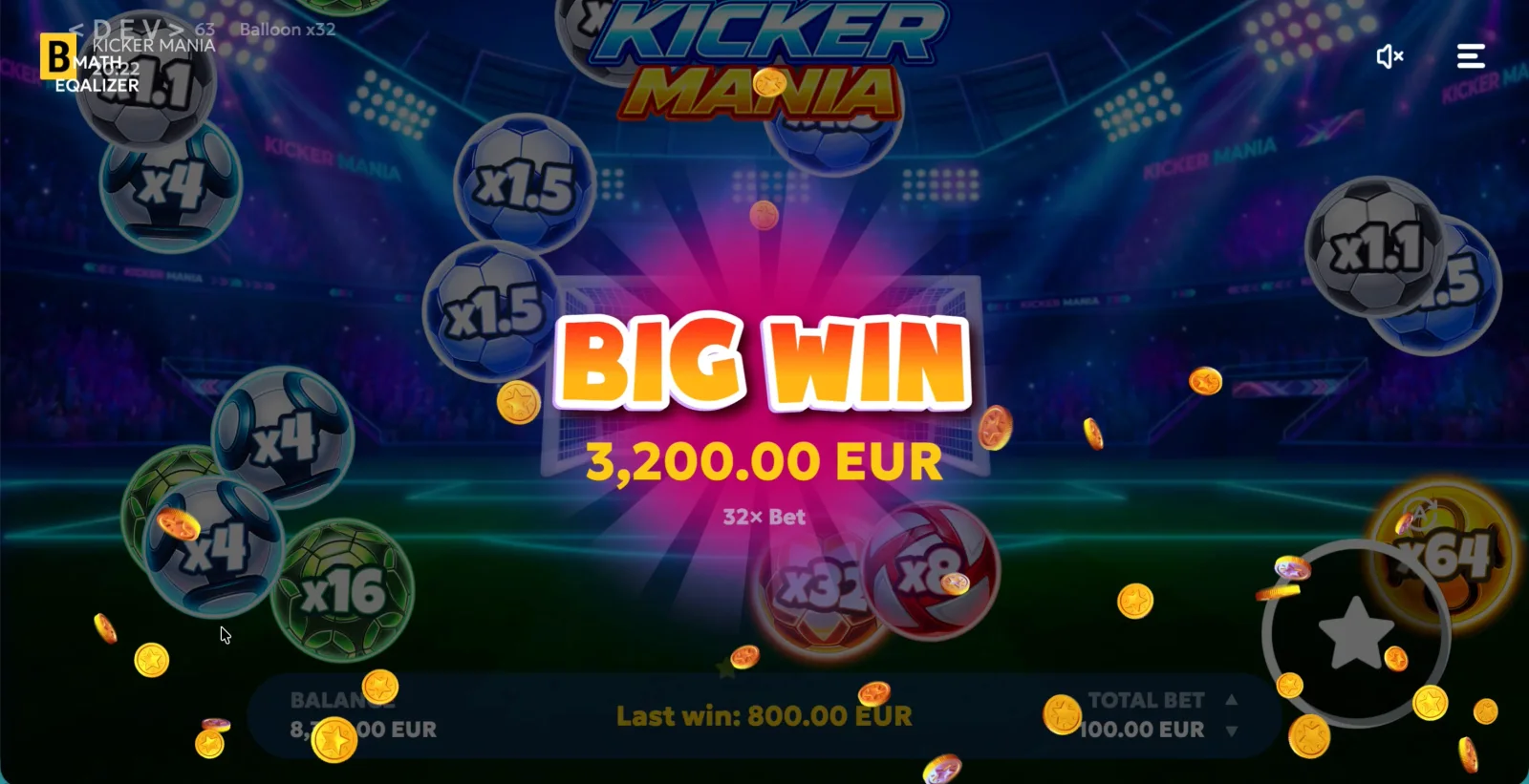 Kicker Mania Big Win celebration with multiplier balls and coins